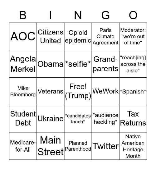 Dem Debate Bingo: When A Candidate Mentions... Bingo Card