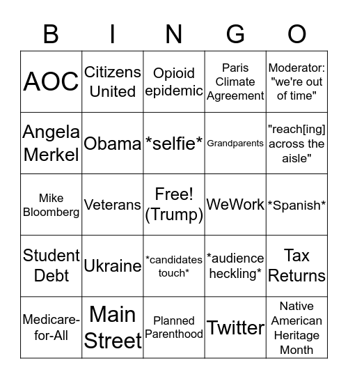 Dem Debate Bingo: When A Candidate Mentions... Bingo Card