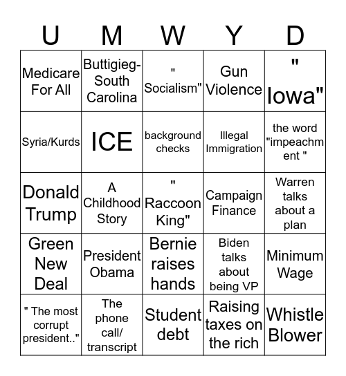 5th Democrat Debate Bingo Card
