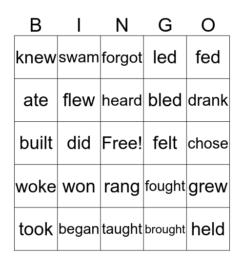 Irregular Verbs Bingo Card