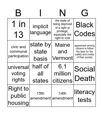 Felon Disenfranchisement Bingo Card