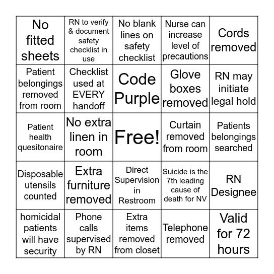 Legal Hold - Suicide Prevention- Interventions Bingo Card