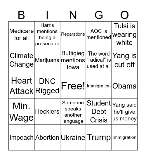 Democratic Debate Bingo Card