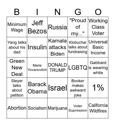 Dem Degen Debate Bingo Card