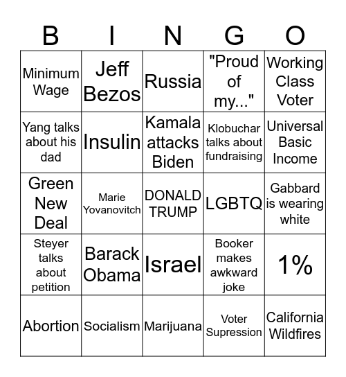 Dem Degen Debate Bingo Card