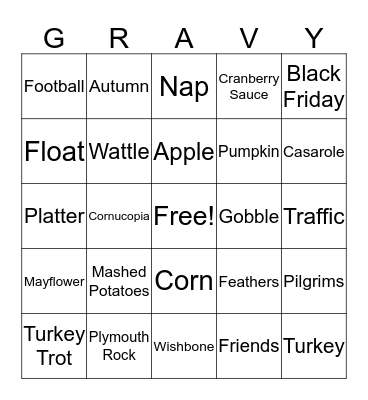 Gravy Bingo Card