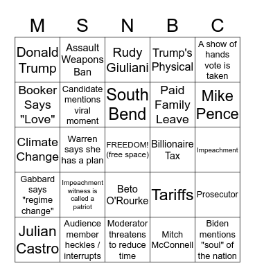 November Democratic Debate Bingo Card