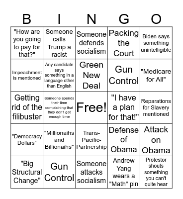 2020 Democratic Debate Bingo Card Bingo Card