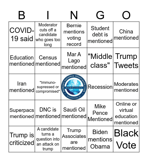 2/7 Democratic Debate  Bingo Card