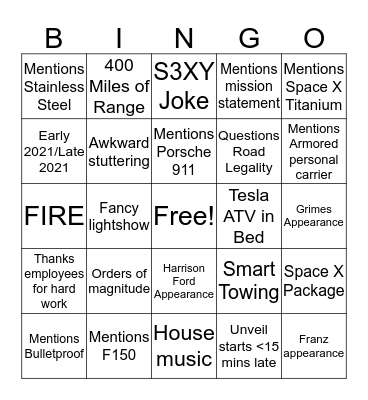 Pick Up Truck Reveal Bingo Card