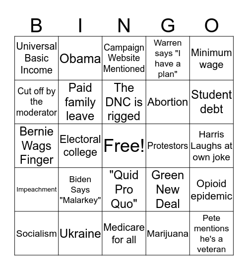 Dem Debate Bingo Card