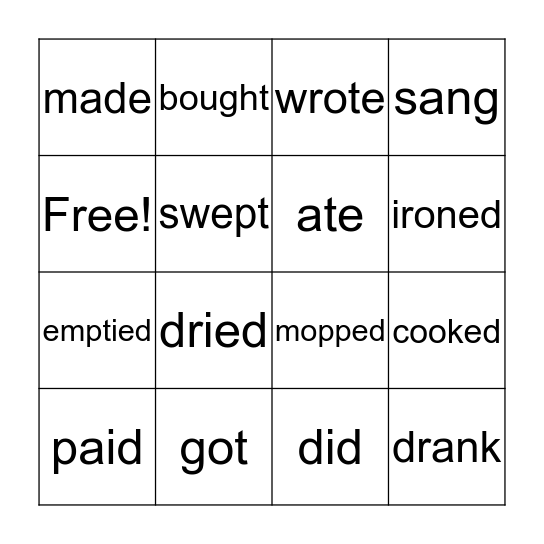 Past Tense Verbs Bingo Card