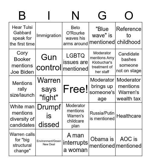 Democratic Debate June 2019: Night 1 Bingo Card