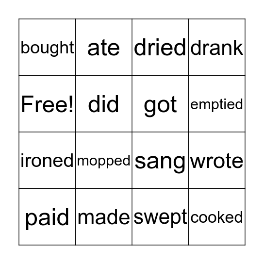 Past Tense Verbs Bingo Card