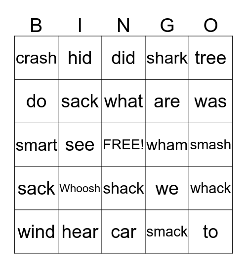 Whoosh! Wham!  Lesson 18  Bingo Card