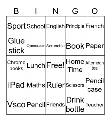 NAC School Bingo Card