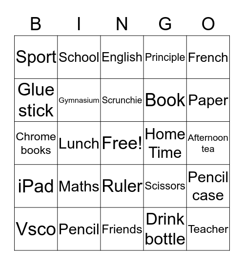 NAC School Bingo Card