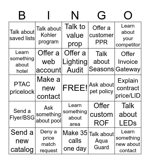 Inside Sales Hospitality  Bingo Card