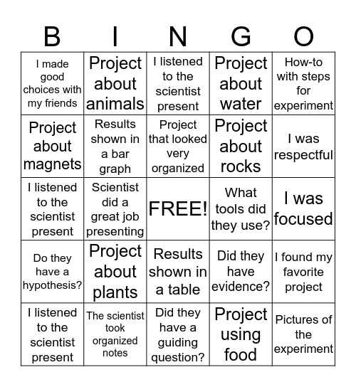 Science Fair  Bingo Card