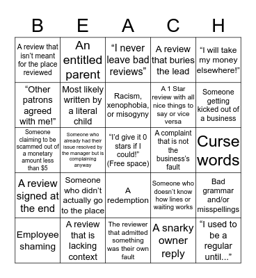 Beach too sandy bingo Card