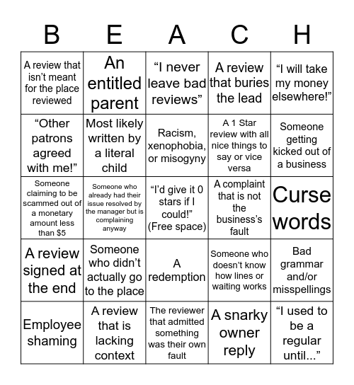 Beach too sandy bingo Card