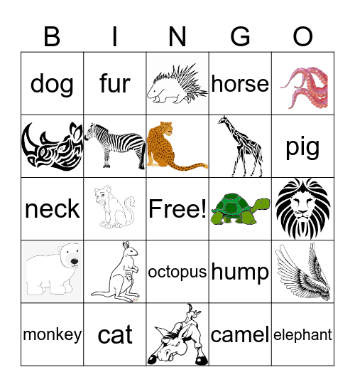 Animals and their body parts Bingo Card