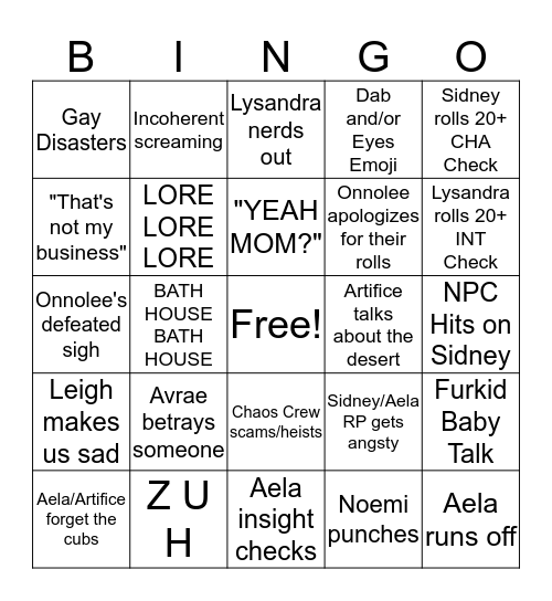 Disaster Roombas Bingo Card