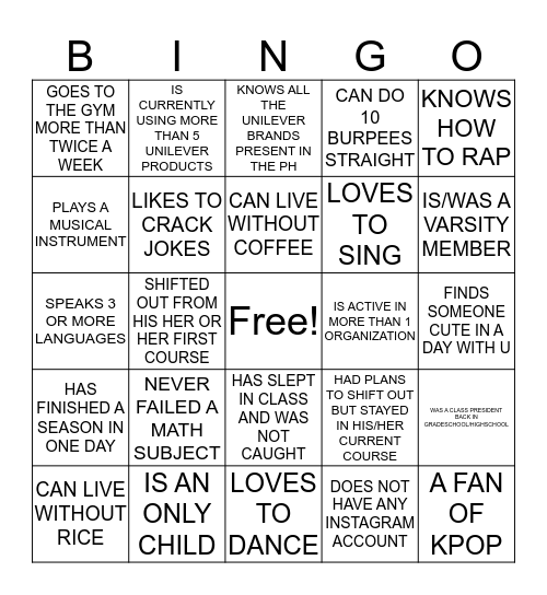 A DAY WITH U Bingo Card