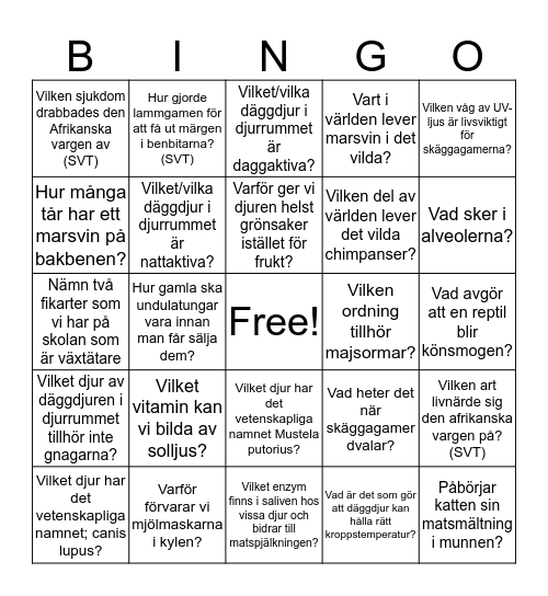 Djurvårdsbingo Åk3 Bingo Card