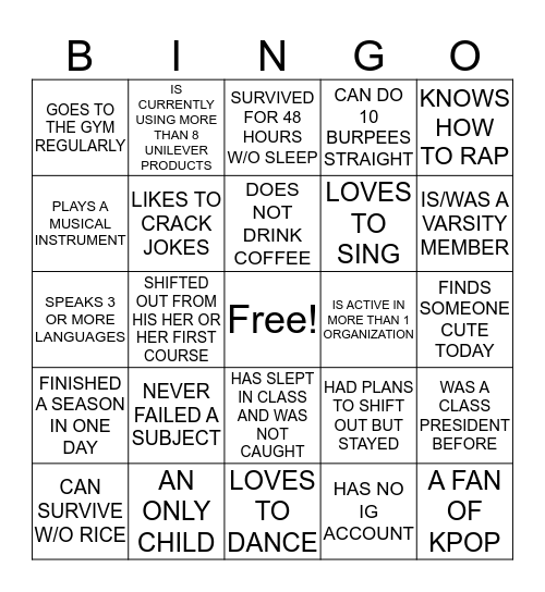 A DAY WITH U Bingo Card