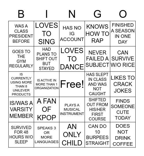 A DAY WITH U Bingo Card