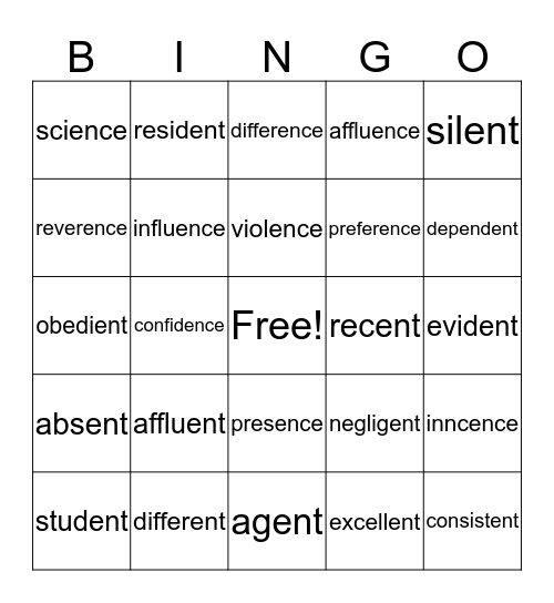 ent/ence Bingo Card