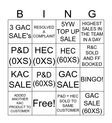 Team Ayden Sales Bingo Card