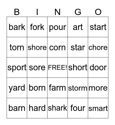 ar, or, ore, our, oor Bingo Card