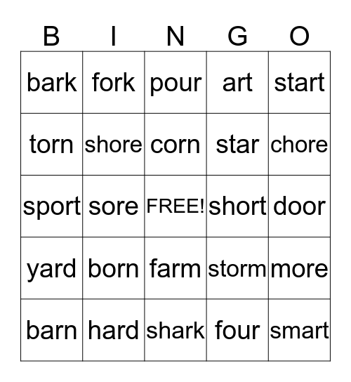 ar, or, ore, our, oor Bingo Card