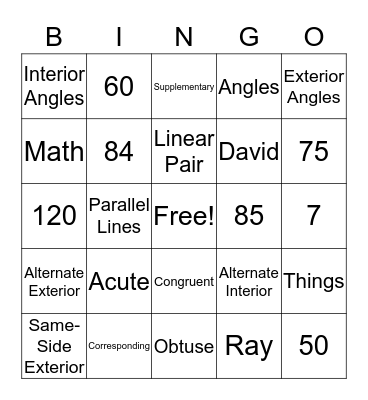 Parallel Lines & Transversals Bingo Card