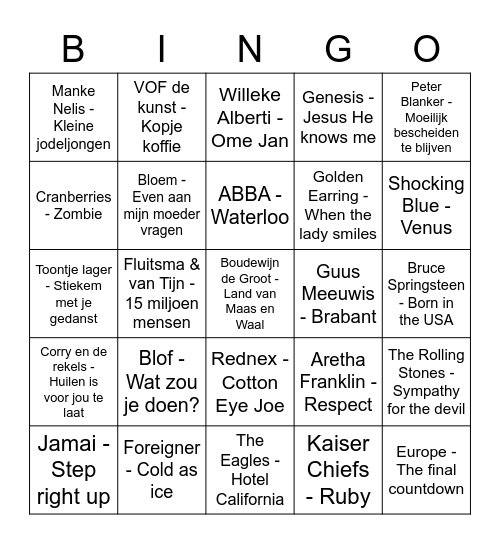 Muziekbingo 1 Bingo Card