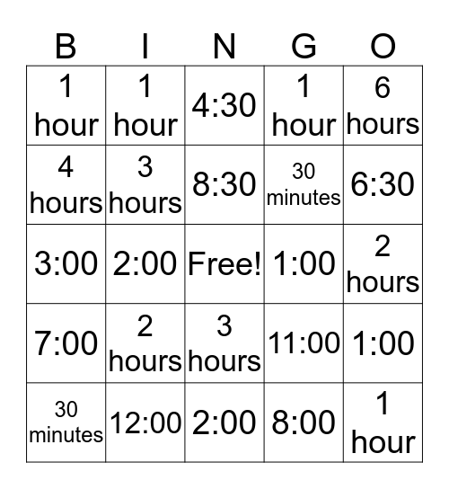 Elapsed Time Bingo Card