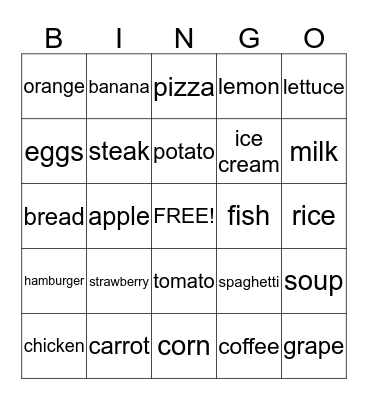 Food Bingo Card