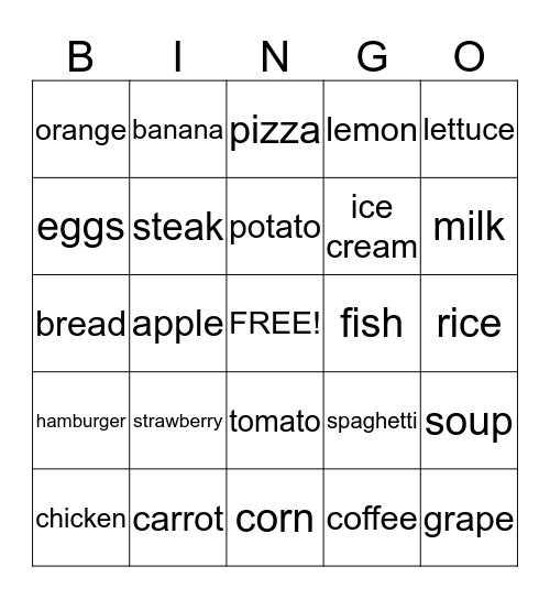 Food Bingo Card