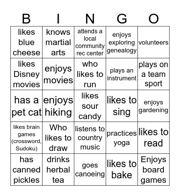 Leisure Bingo Card