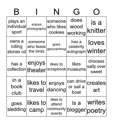 Leisure Bingo Card