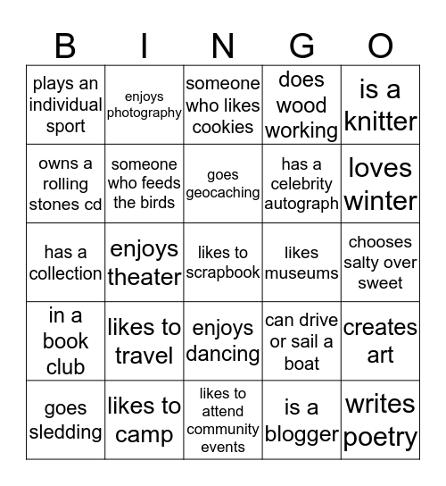 Leisure Bingo Card