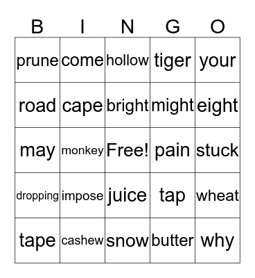 Word List Bingo Card