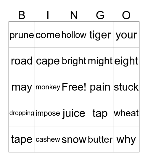Word List Bingo Card