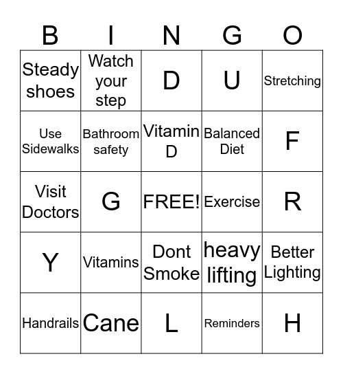 Injury Prevention Bingo Card
