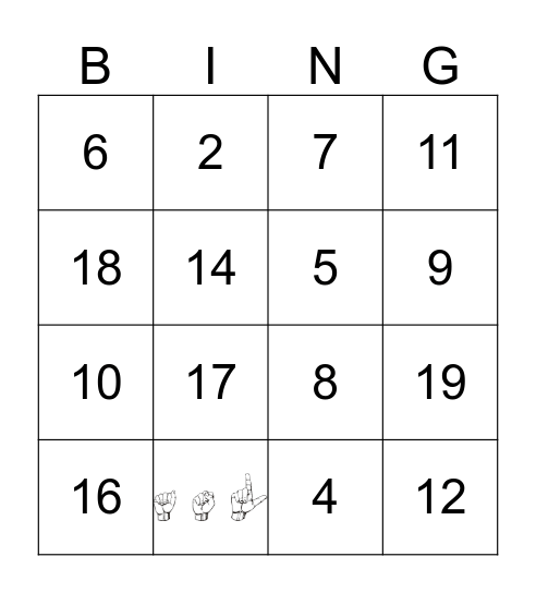 ASL Number Bingo Card