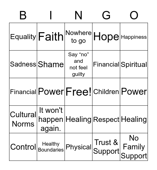 Domestic Violence Bingo Card