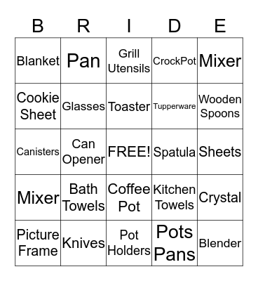 Bridal Bingo Card