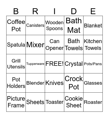 Bridal Bingo Card